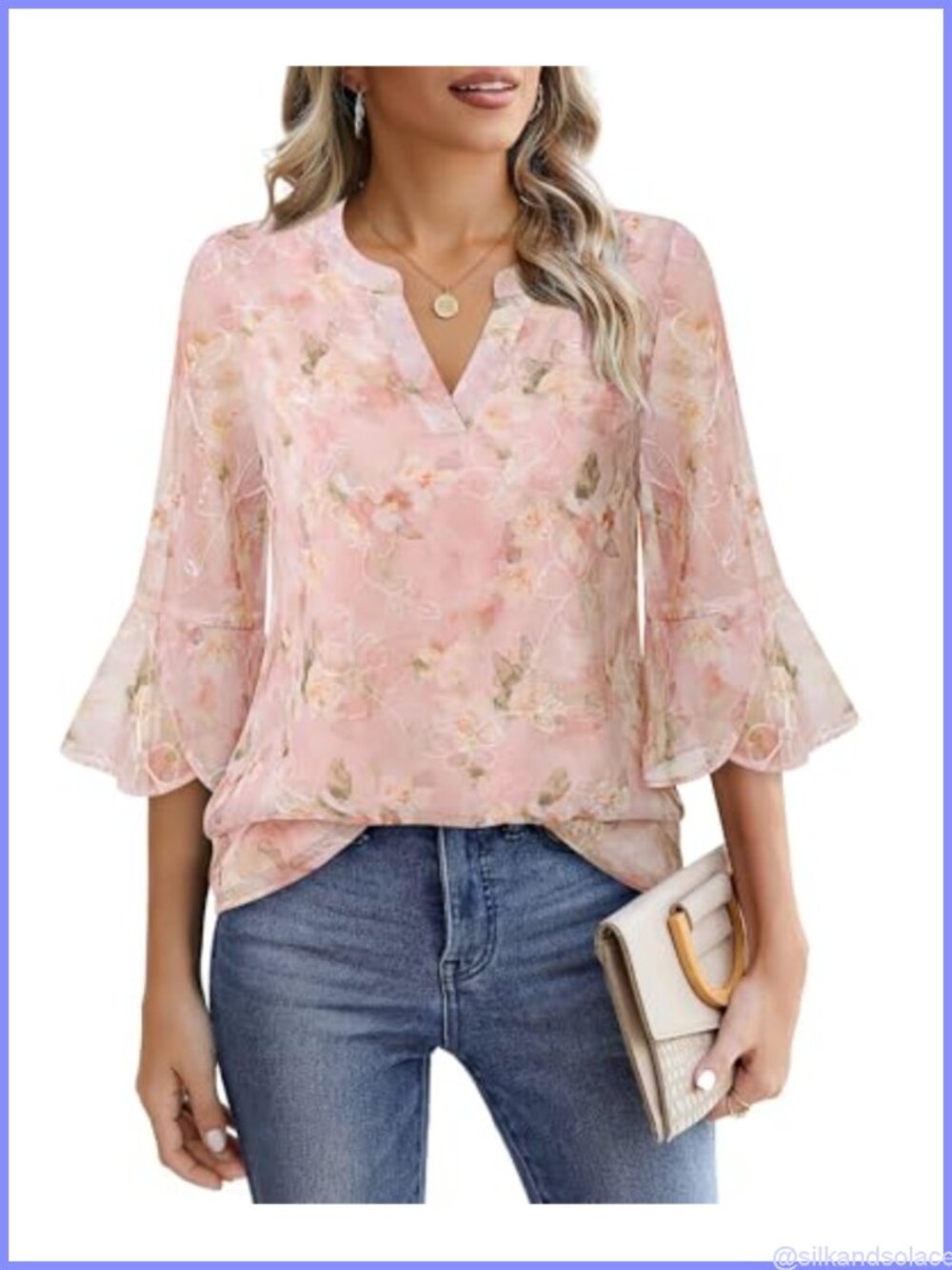 Womens 3/4 Sleeve Chiffon Blouse Floral Embroidered V-Neck Tunic Top
